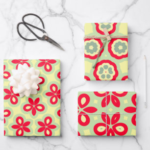 Retro Bloemenpatroon in Rood, Crème en Mint Groen Inpakpapier Vel