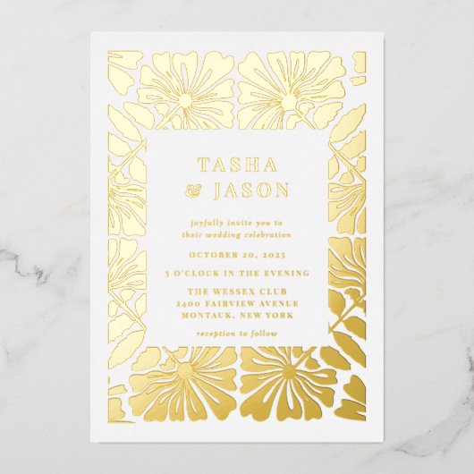 Retro bloemenpatroon Lijst bruiloft Folie Uitnodiging (Voorkant)