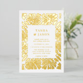 Retro bloemenpatroon Lijst bruiloft Folie Uitnodiging (Staand Voorkant)