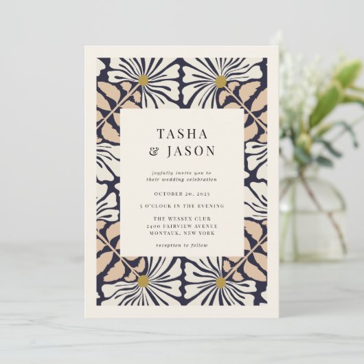 Retro bloemenpatroon Lijst bruiloft uitnodiging (Staand voorkant)