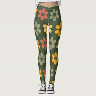 Retro Bloemenpatroon op een groene achtergrond Leggings