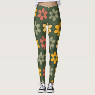 Retro Bloemenpatroon op een groene achtergrond Leggings