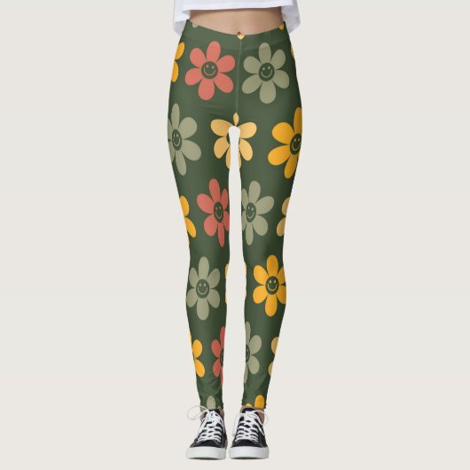 Retro Bloemenpatroon op een groene achtergrond Leggings (Voorkant)