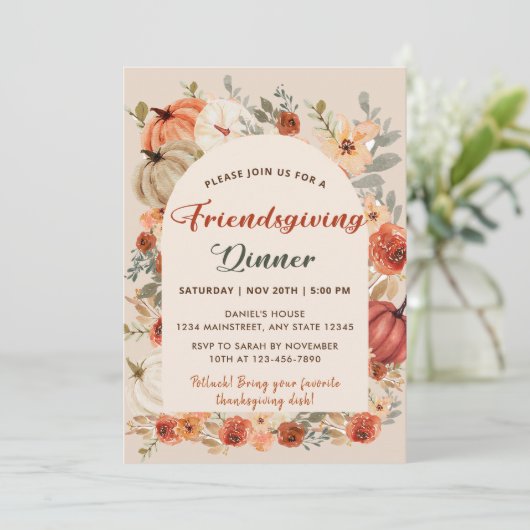 Retro Bloemenpompoen Vriendsgiving Diner Kaart (Staand voorkant)