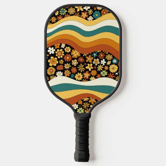 Retro bloemenprint met strepen in groovy stijl geï pickleball paddle (Achterkant)