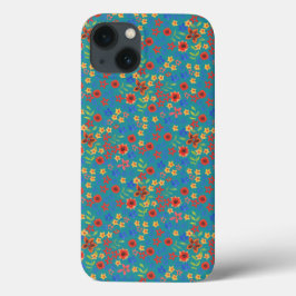 Retro bloemenprint op Blauwgroen Hoesje-Mate iPad iPhone 13 Hoesje