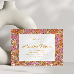 Retro bloemenrand oranje roze Quinceañera Kaart