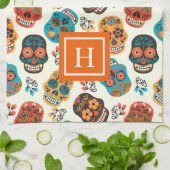 Retro bloemenschedels patroonmonogram theedoek (Gevouwen)