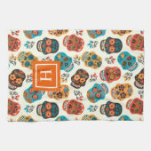 Retro bloemenschedels patroonmonogram theedoek (Horizontaal)