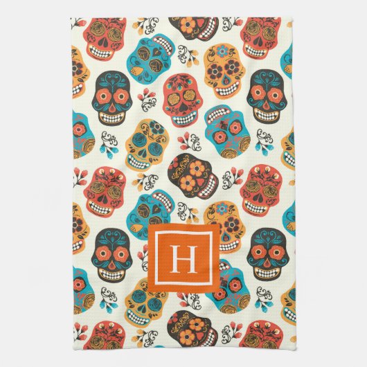 Retro bloemenschedels patroonmonogram theedoek (Verticaal)