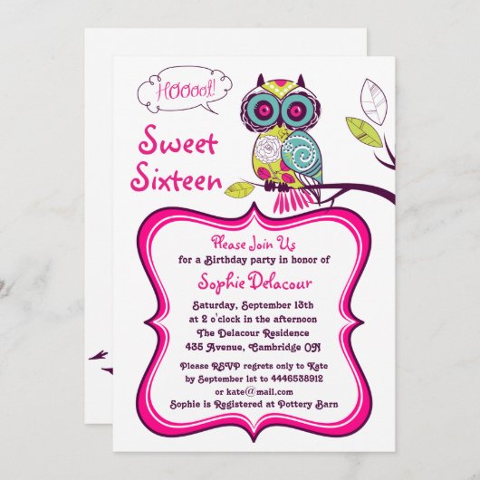 Retro Bloemenuil Heet Roze Zoet Zestien Uitnodigin Kaart (Voorkant / Achterkant)