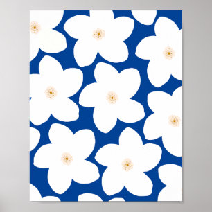 Retro bloemenwit op blauwe bloemen poster