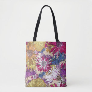 Retro, bloemig, rode bloemen, boeket, blauwe bloem tote bag