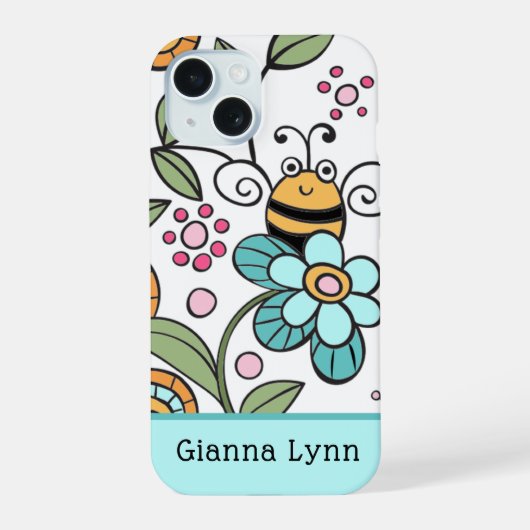 Retro Bloemige Hommeltje Monogram iPhone 15 Case (Achterkant)