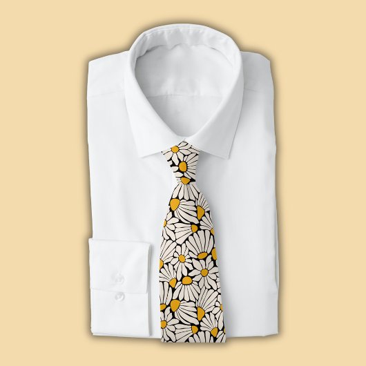 Retro bloemige mosterdgele crème zwarte stropdas