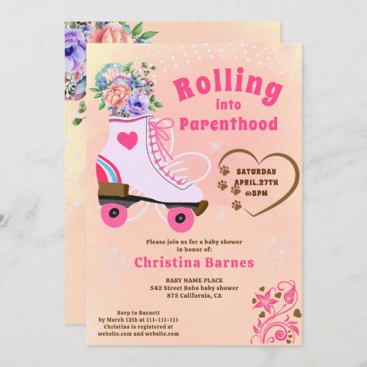 Retro bloemige turquoise rollerschaats boho baby s kaart (Voorkant / Achterkant)