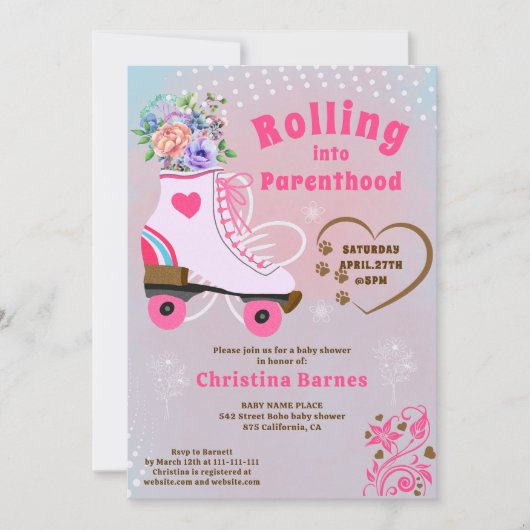 Retro bloemige turquoise rollerschaats boho baby s kaart (Voorkant)