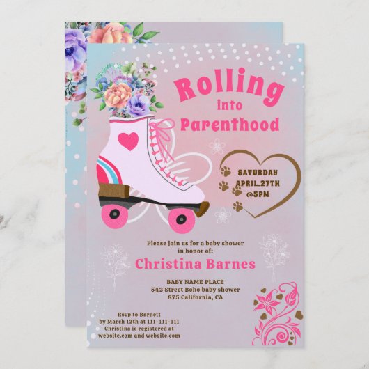 Retro bloemige turquoise rollerschaats boho baby s kaart (Voorkant / Achterkant)
