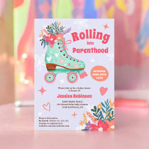 Retro bloemige turquoise rolschaats boho baby show kaart
