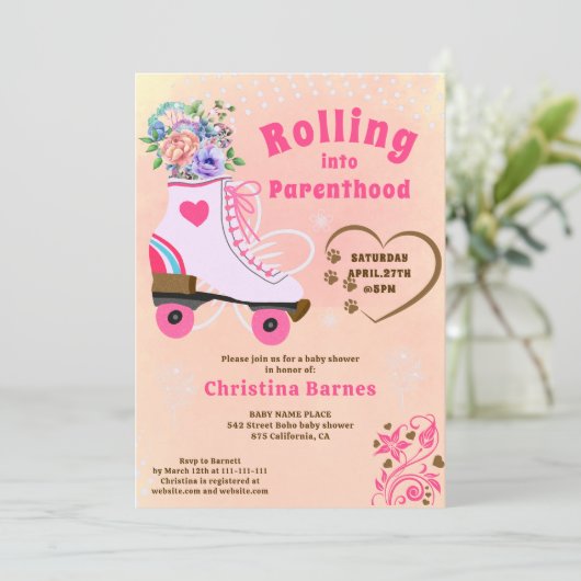 Retro bloemige turquoise rolschaats boho babyshowe kaart (Staand voorkant)