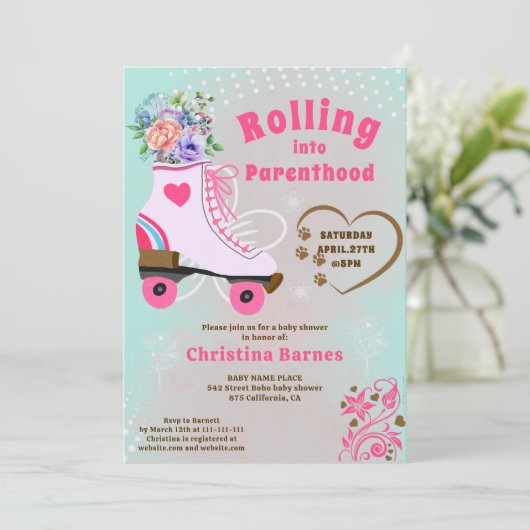 Retro bloemige turquoise rolschaats boho babyshowe kaart (Staand voorkant)