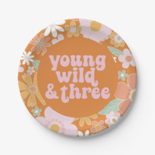 Retro Bloemige Young Wild Drie Verjaardag Papieren Bordje