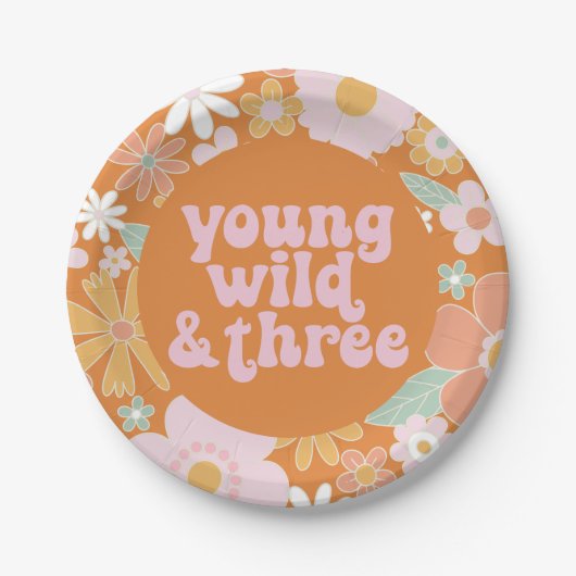 Retro Bloemige Young Wild Drie Verjaardag Papieren Bordje (Voorkant)
