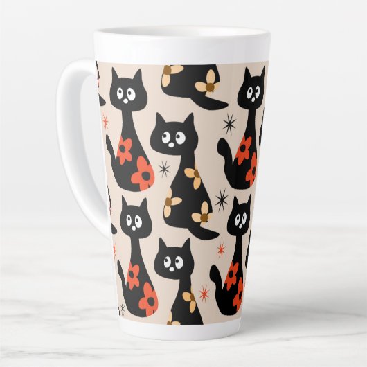 Retro bloemkatten (zacht beige) latte mok (Linkerhoek)