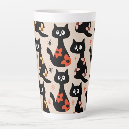 Retro bloemkatten (zacht beige) latte mok (Voorkant)