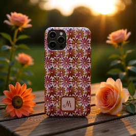 Retro bloemmonogram persoonlijk roze en bruin Case-Mate iPhone case