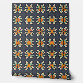 Retro bloemmotief oranje marineblauw abstract patr behang