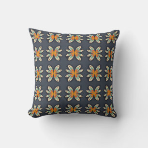 Retro bloemmotief oranje marineblauw abstract patr kussen