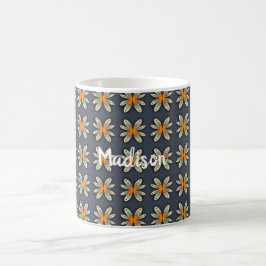 Retro bloemmotief oranje marineblauw op maat koffiemok