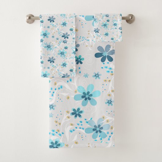 Retro, bloempatroon, blauw, grijs, bloemen bad handdoek (Insitu)
