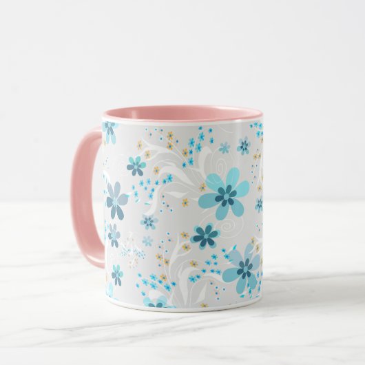 Retro, bloempatroon, blauw, grijs mok (Voorkant links)