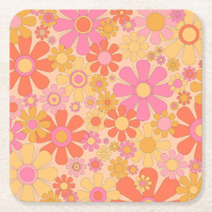 Retro bloempatroon groovy jaren 60 70 bloemen kartonnen onderzetters
