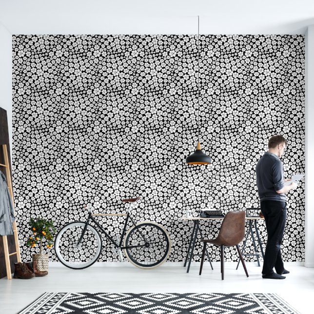 Retro bloempatroon in wit op zwart behang (Woonkamer)