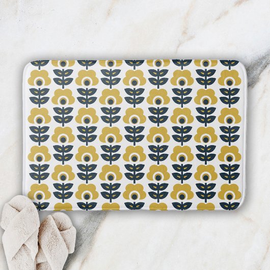 Retro bloempatroon Navy en mosterdgeel Badmat