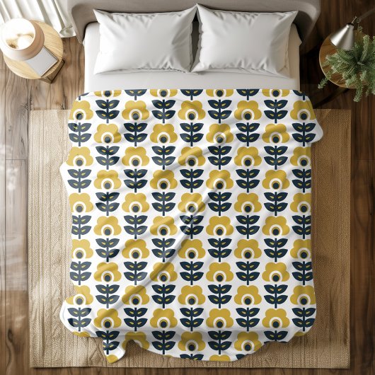 Retro bloempatroon Navy en mosterdgeel Fleece Deken