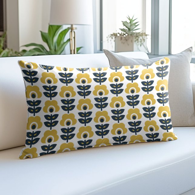 Retro bloempatroon Navyblauw Mosterdgeel Accent Kussen (Creator heeft geüpload)