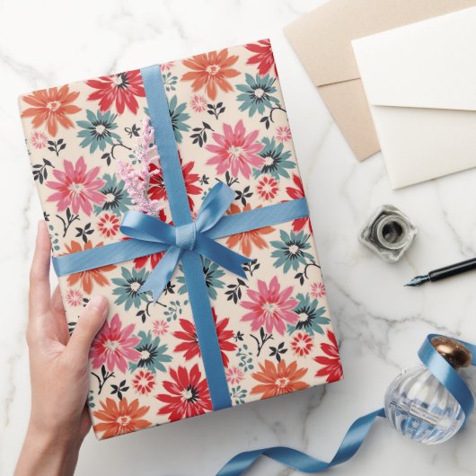 Retro Bloempatroon Rood Sinaasappel Blauw Cadeaupapier (Geschenken)