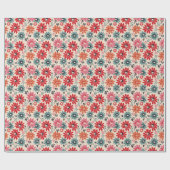 Retro Bloempatroon Rood Sinaasappel Blauw Cadeaupapier (Vlak)