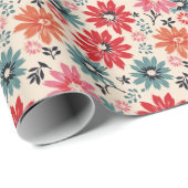 Retro Bloempatroon Rood Sinaasappel Blauw Cadeaupapier (Rol Hoek)