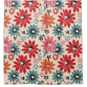 Retro Bloempatroon Rood Sinaasappel Blauw Douchegordijn (Voorkant)