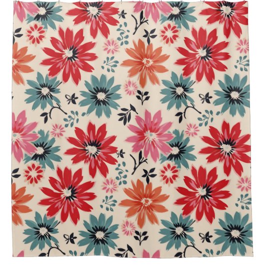 Retro Bloempatroon Rood Sinaasappel Blauw Douchegordijn (Voorkant)