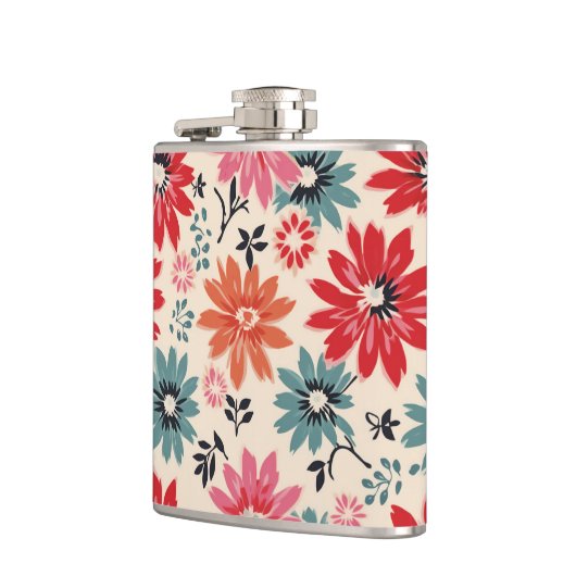 Retro Bloempatroon Rood Sinaasappel Blauw Heupfles (Links)