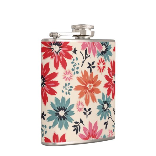 Retro Bloempatroon Rood Sinaasappel Blauw Heupfles (Rechts)