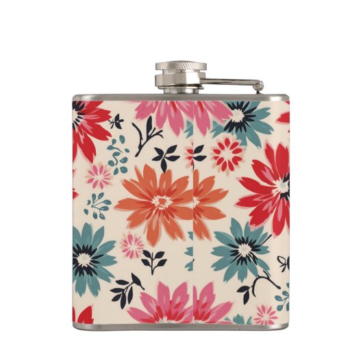 Retro Bloempatroon Rood Sinaasappel Blauw Heupfles (Achterkant)