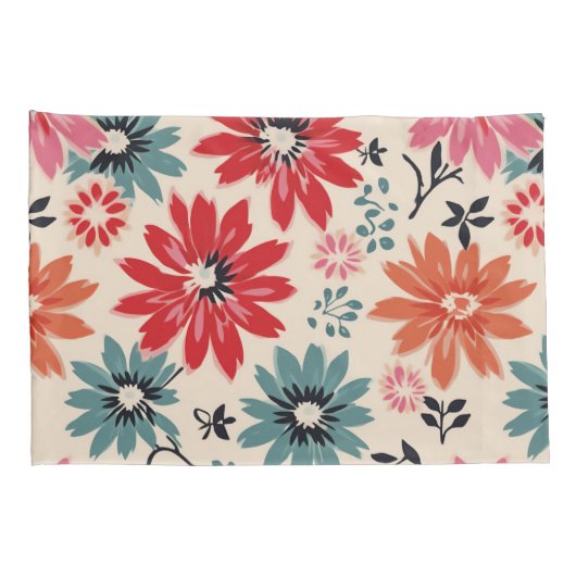 Retro Bloempatroon Rood Sinaasappel Blauw Kussensloop (Achterkant-Rechts)