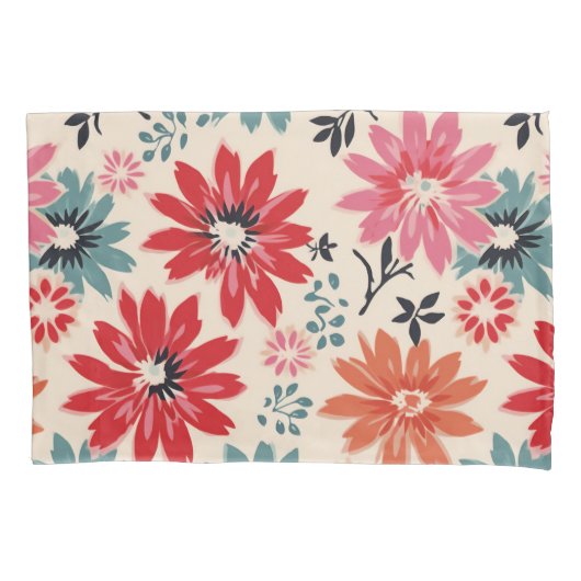 Retro Bloempatroon Rood Sinaasappel Blauw Kussensloop (Voorkant-Links)